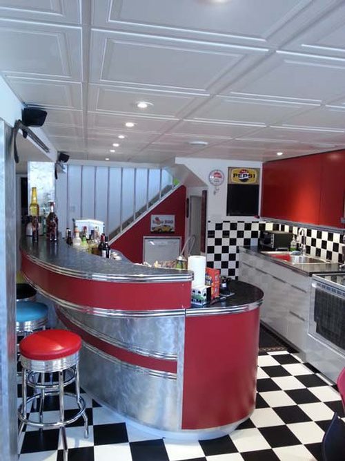 The finished product of a 50\'s themed basement renovation