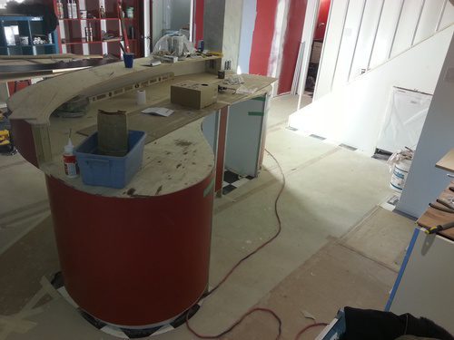 Another view of an in-progress countertop build for a 50\'s themed basement renovation project