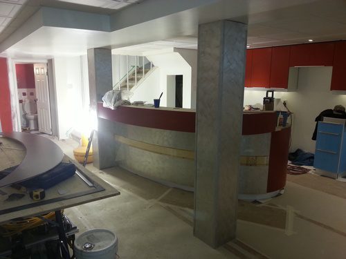 In-progress photo of a 50\'s themed basement renovation project