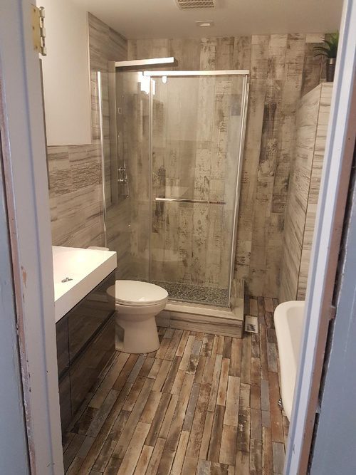 Shower area for a wood-themed bathroom renovation