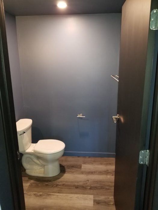Wooden floorings and blue walls for a bathroom renovation project