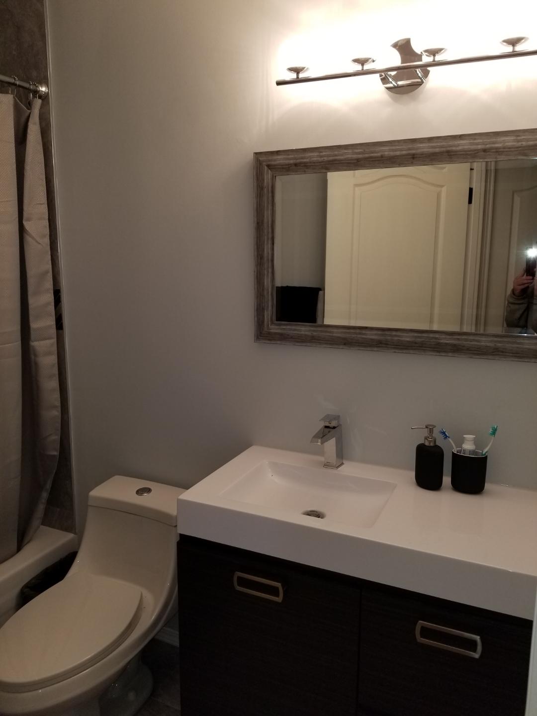 A wide mirror and a modern sink for a bathroom renovation project